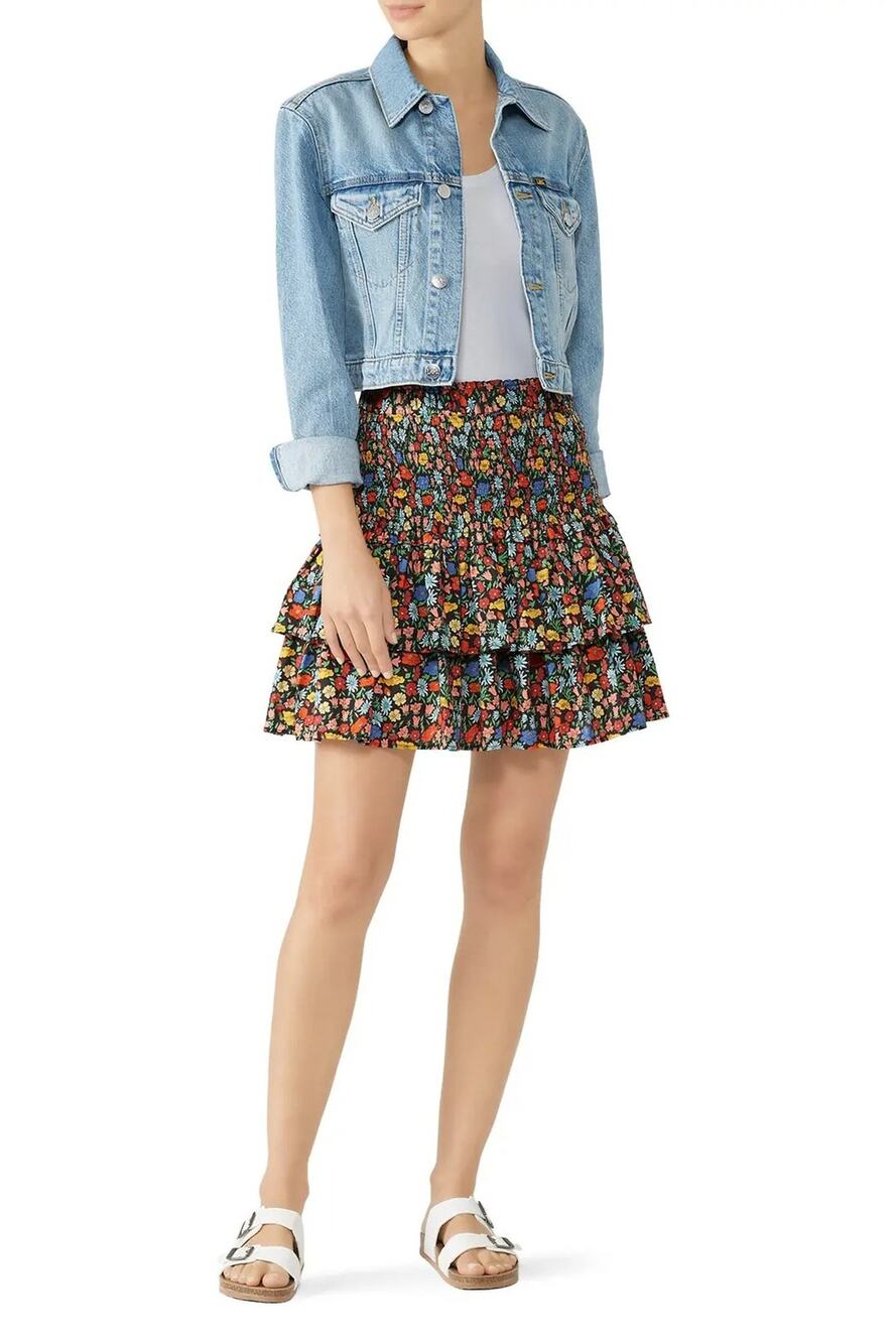 Perseverance London Women's 8 Floral Linen Blend Smocked Tiered Mini Skirt S5-6
